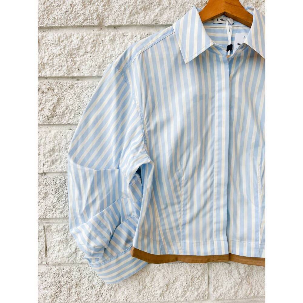 NEW SIMKHAI women's boone button front combo shirt in hydrangea blue stripe - Picture 3 of 4